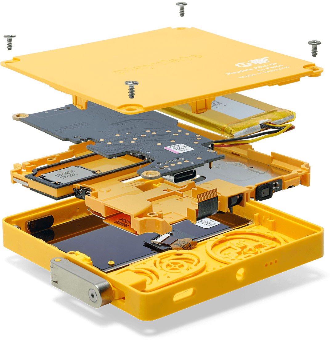 An exploded view of the internals of a Playdate device.